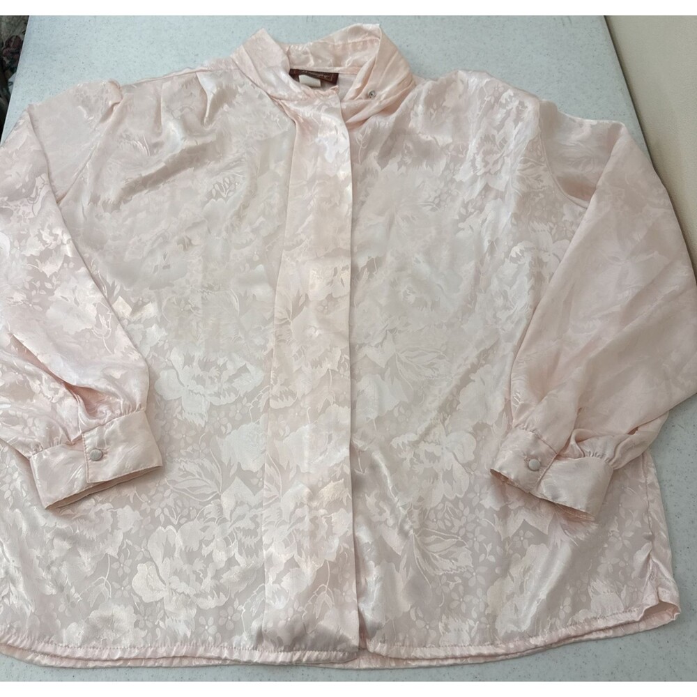 Worthington Vtg Secretary Geek Blouse Pink Floral Faux Silk High Collar Md